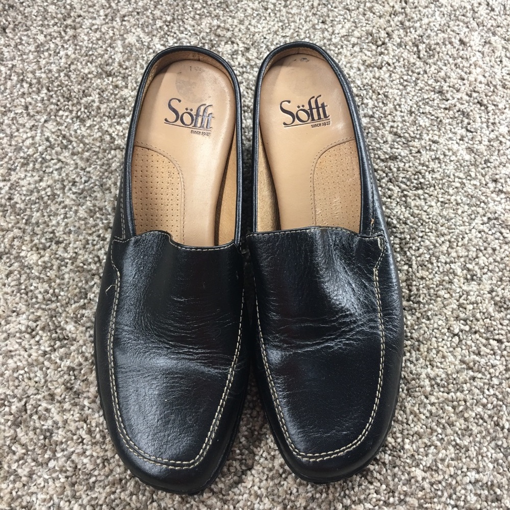 Sofft Women’s Black Leather Slip On Slides Loafer Mule Wedge Heeled Shoe Sz 7.5